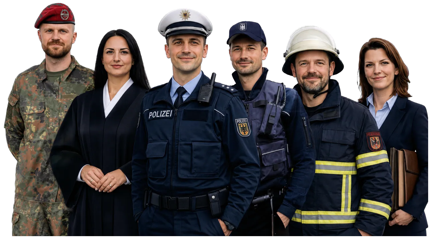 Beamte verschiedener Berufsgruppen: Soldat, Polizist, Feuerwehrmann, Zollbeamter, Verwaltungsbeamte und Juristin